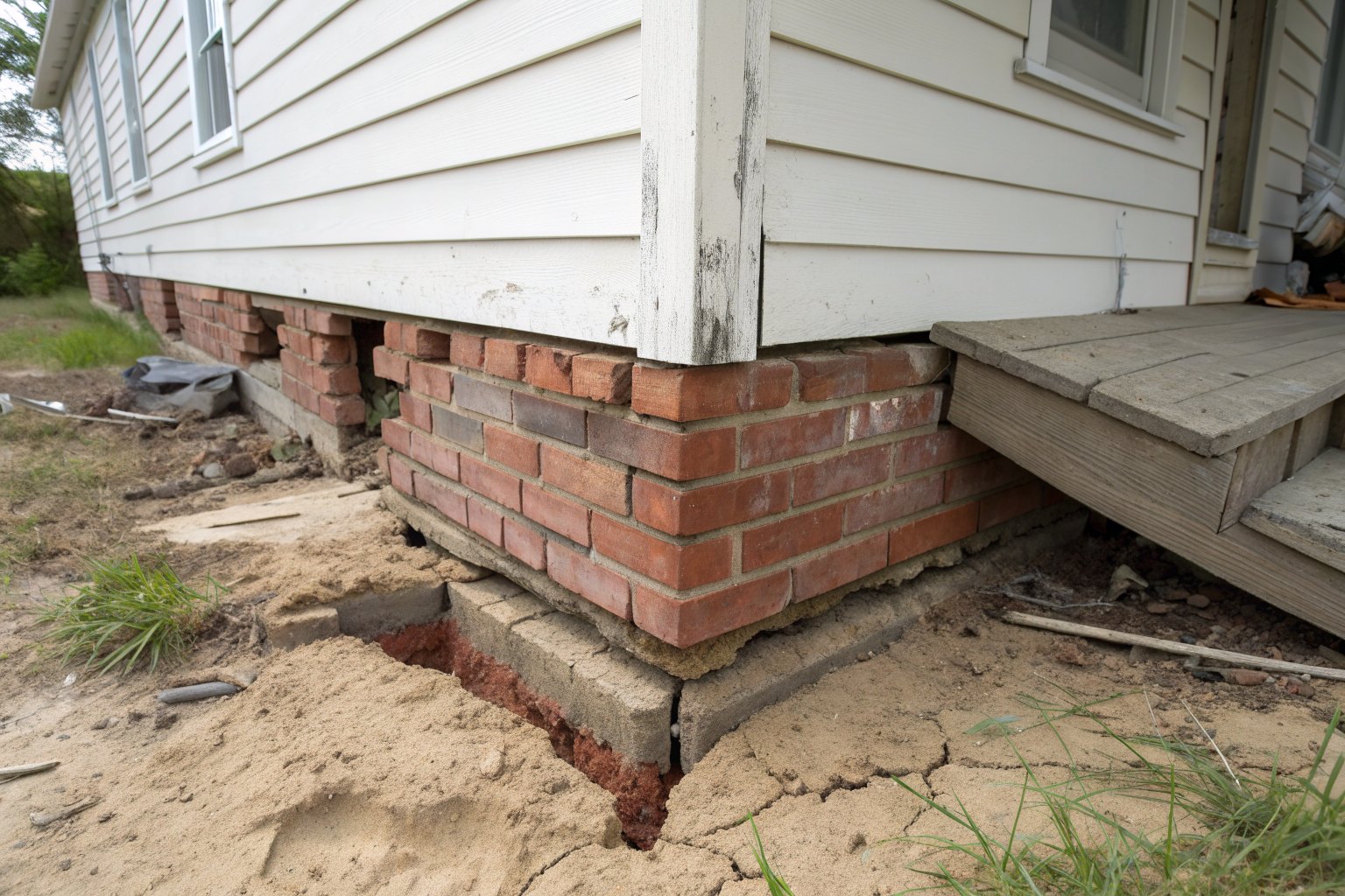 Cracked, shifted brick pier at the corner of a raised house