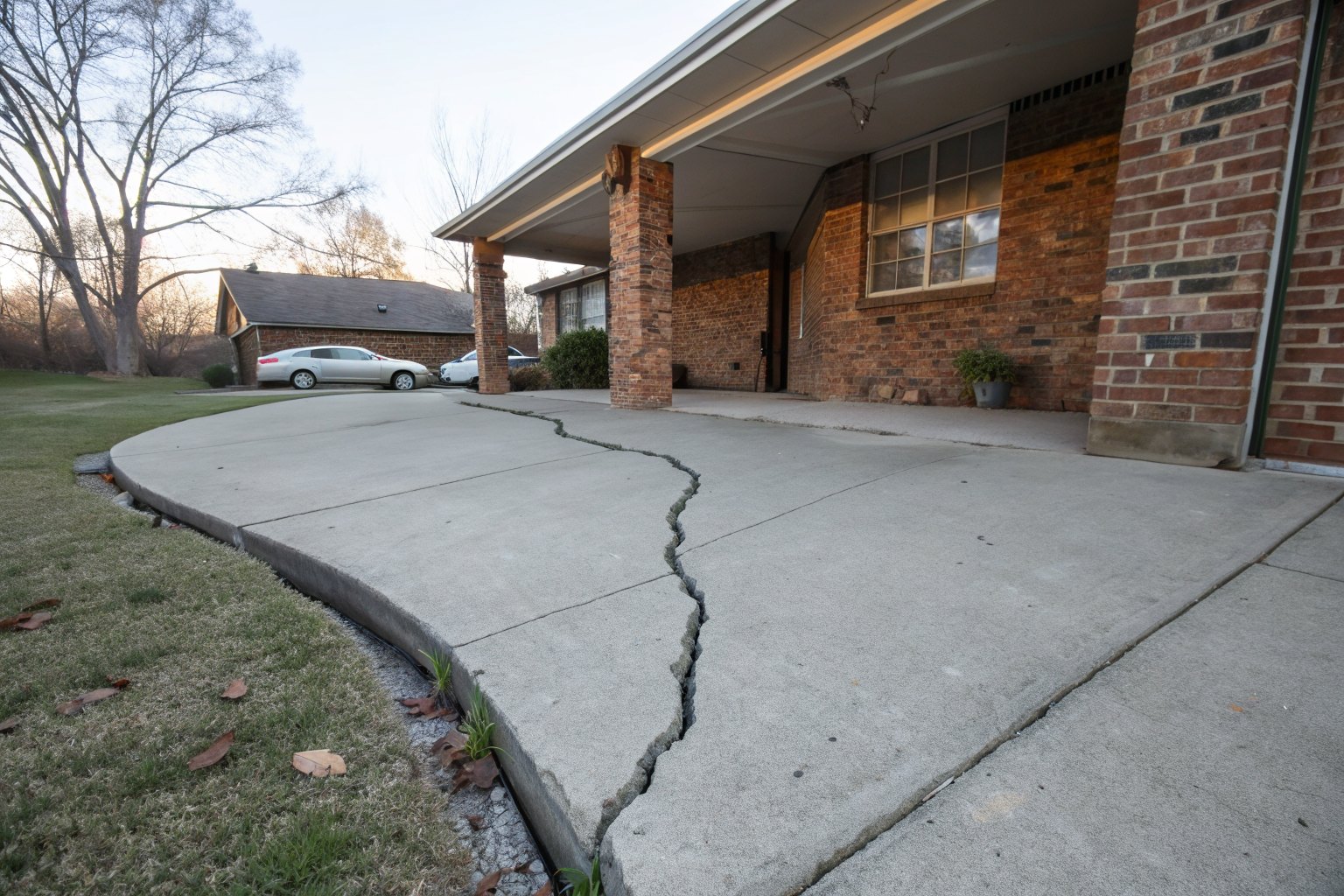 Crack running across a concrete carport slab beside a brick house