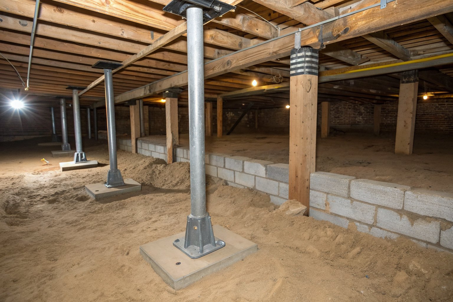Steel screw-jack posts on new pads under a girder beside concrete block piers