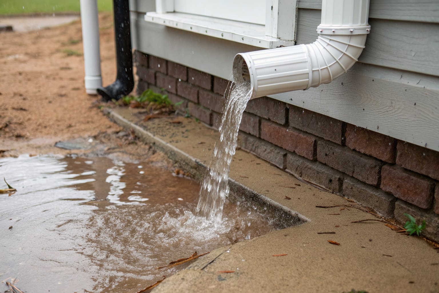 Downspout pouring water against a brick foundation in heavy rain