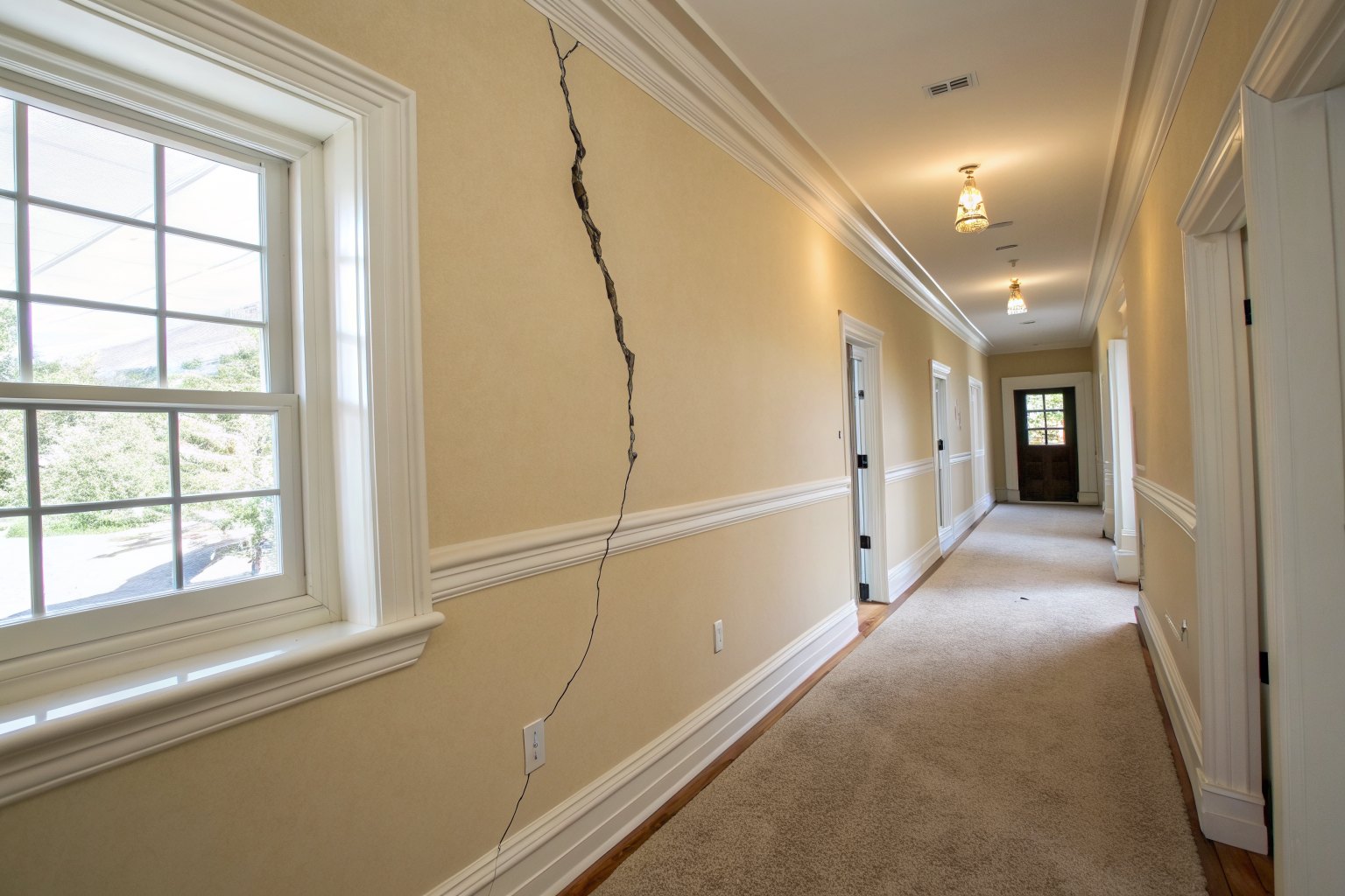 Crack running down a cream hallway wall from the ceiling corner