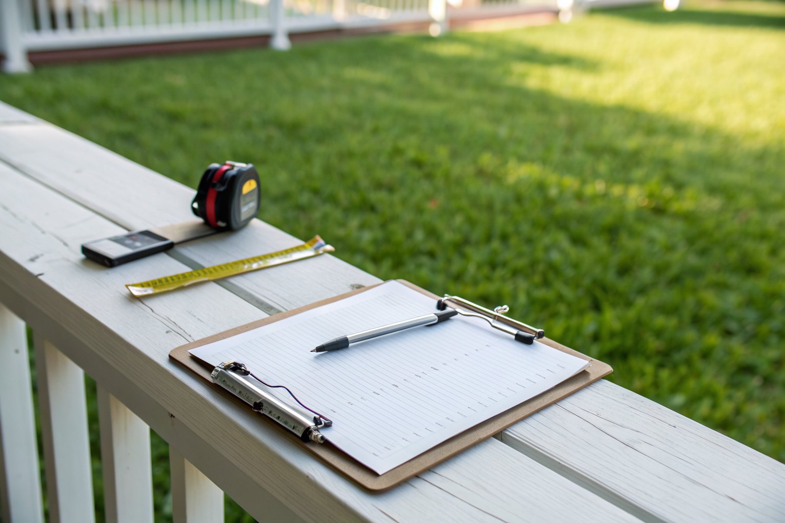 Clipboard with a blank form, a pen and a tape measure on a white porch rail