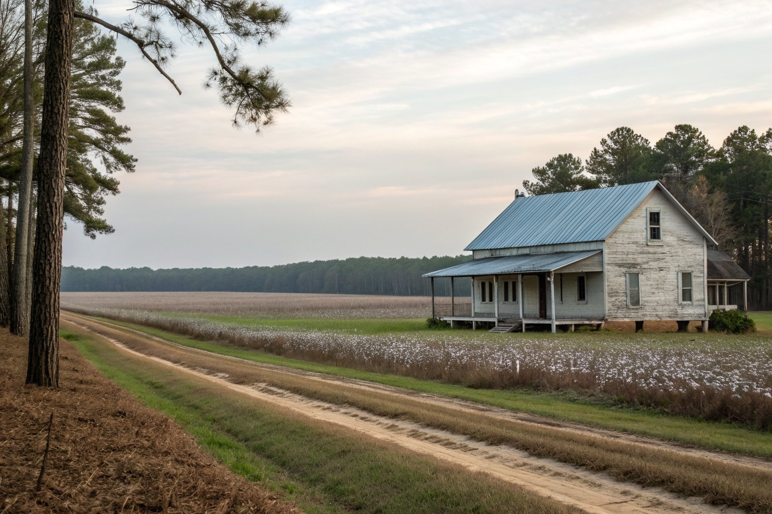 One-story farmhouse with a metal roof beside flat fields and pines