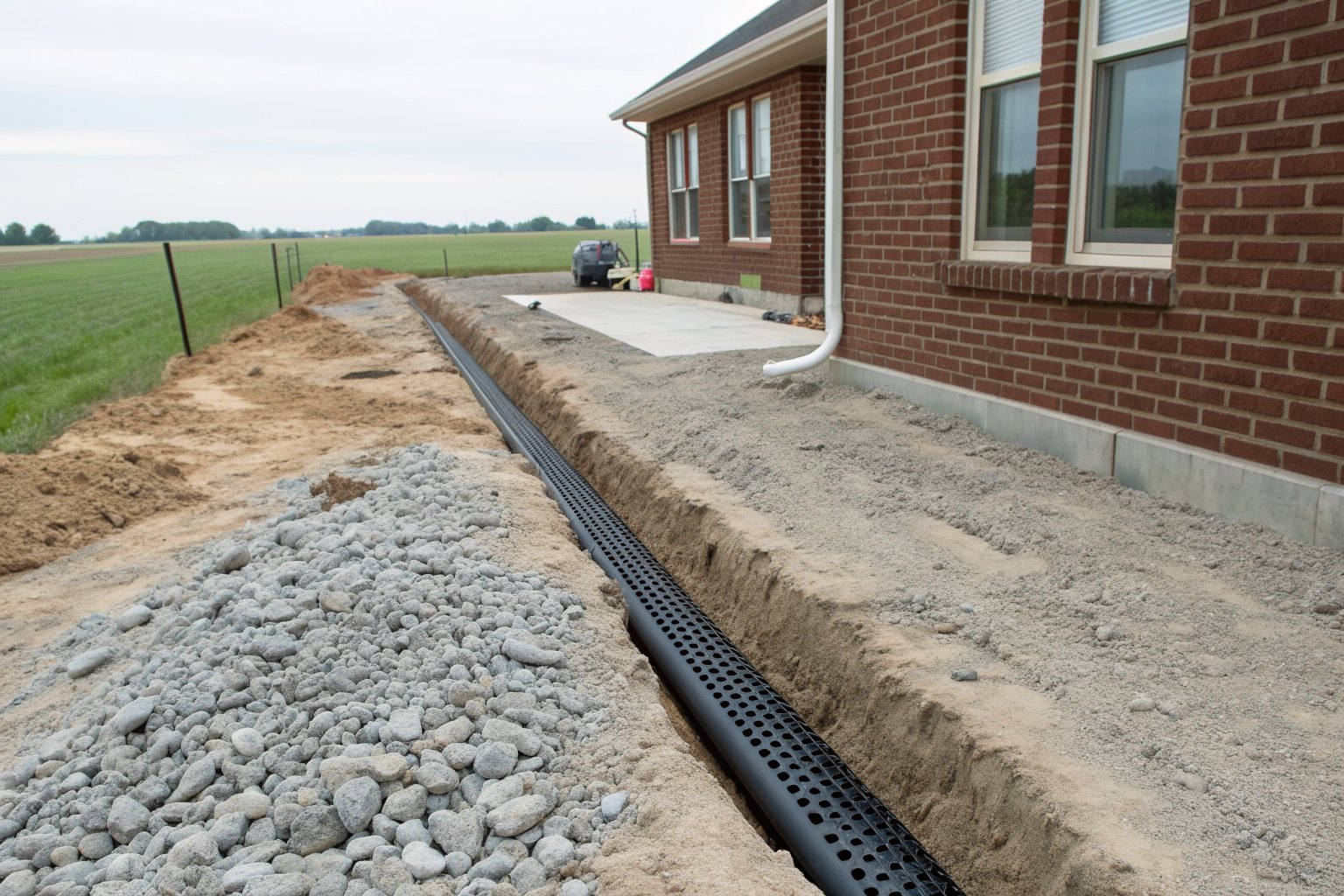 Gravel trench with black perforated pipe along a brick house in sandy soil