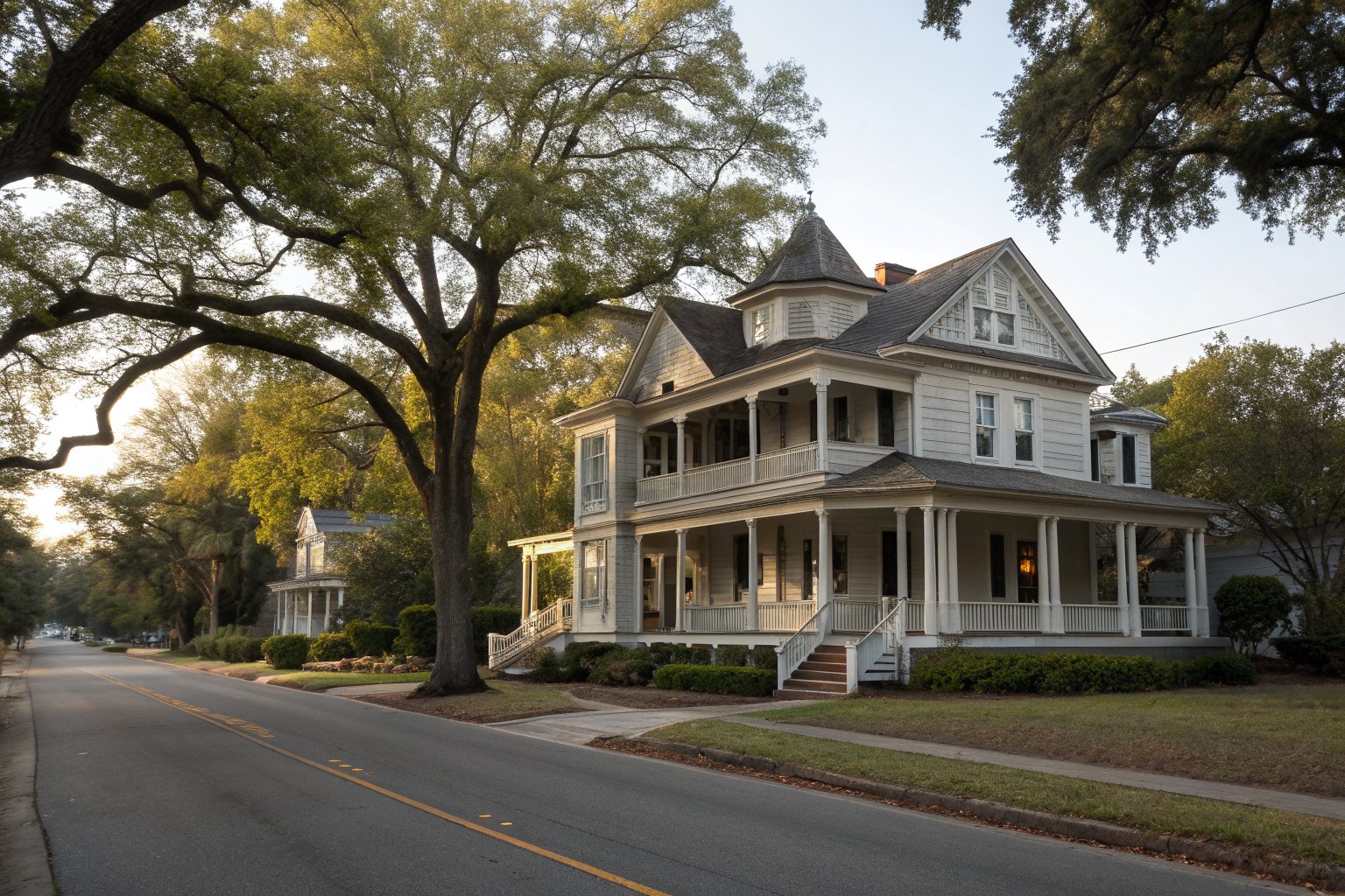 Queen Anne house with a wraparound porch under big oak trees