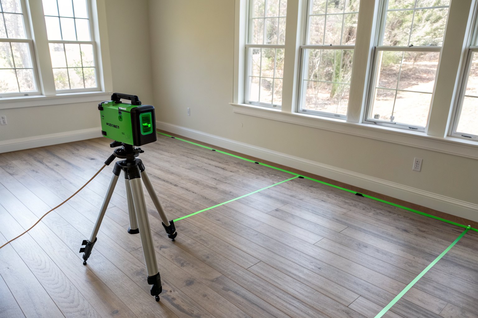 Green laser level on a tripod projecting a line across a floor