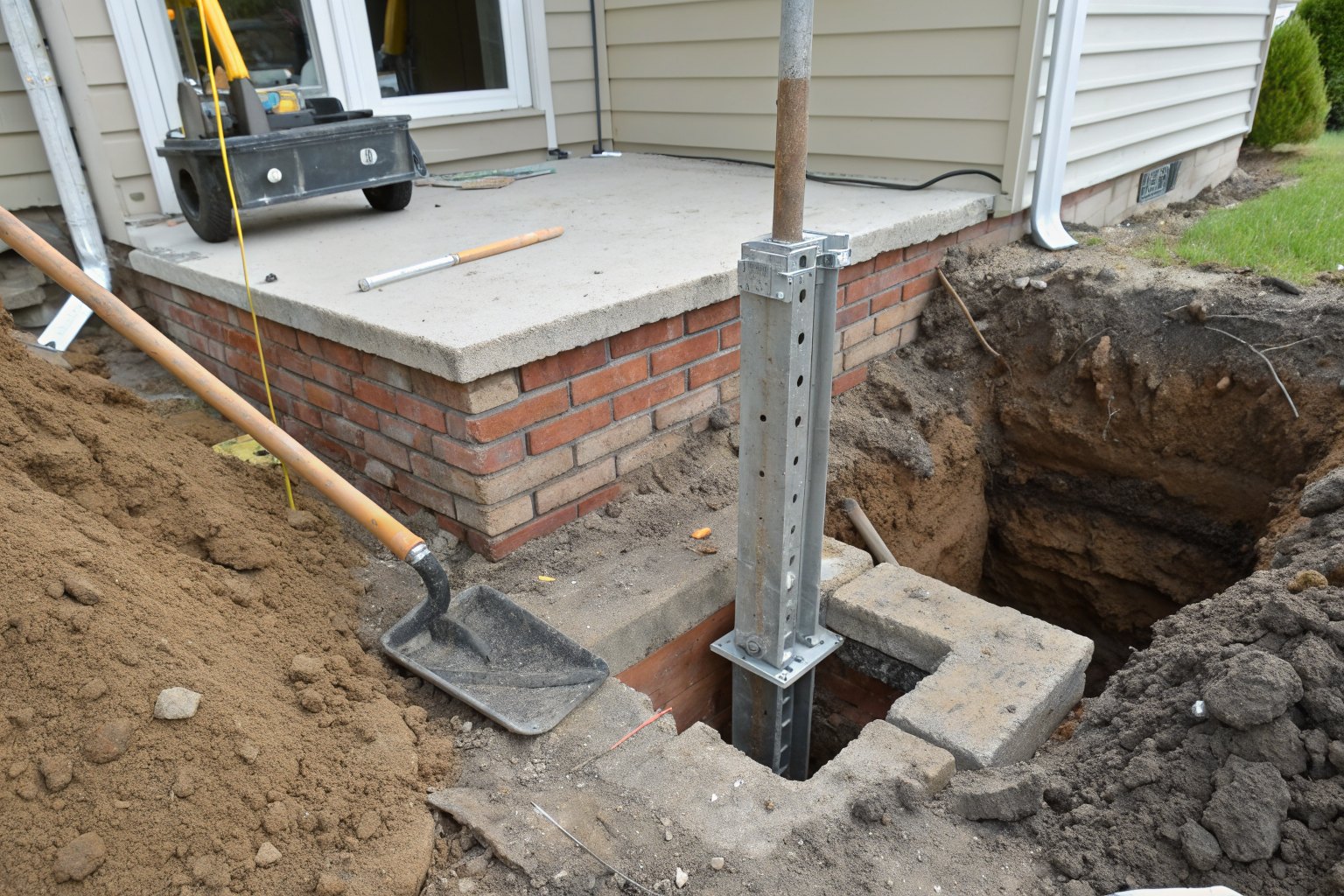 Hole dug along a brick footing with a steel push-pier bracket and a shovel