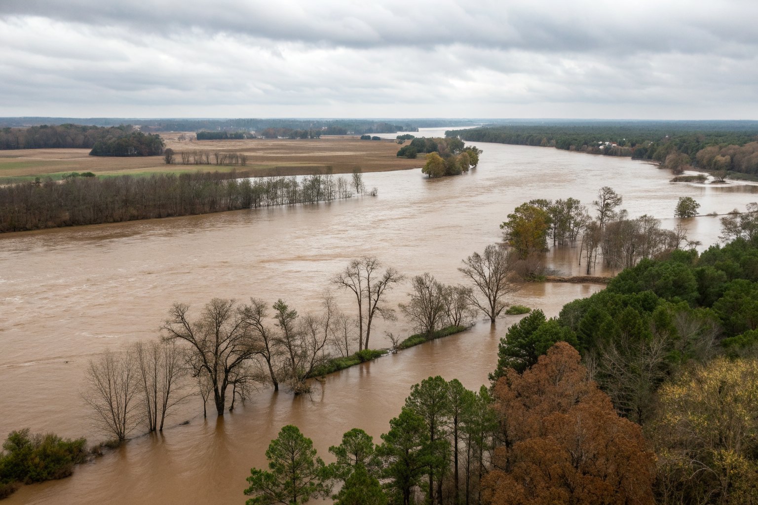 River in flood spreading across a wooded floodplain