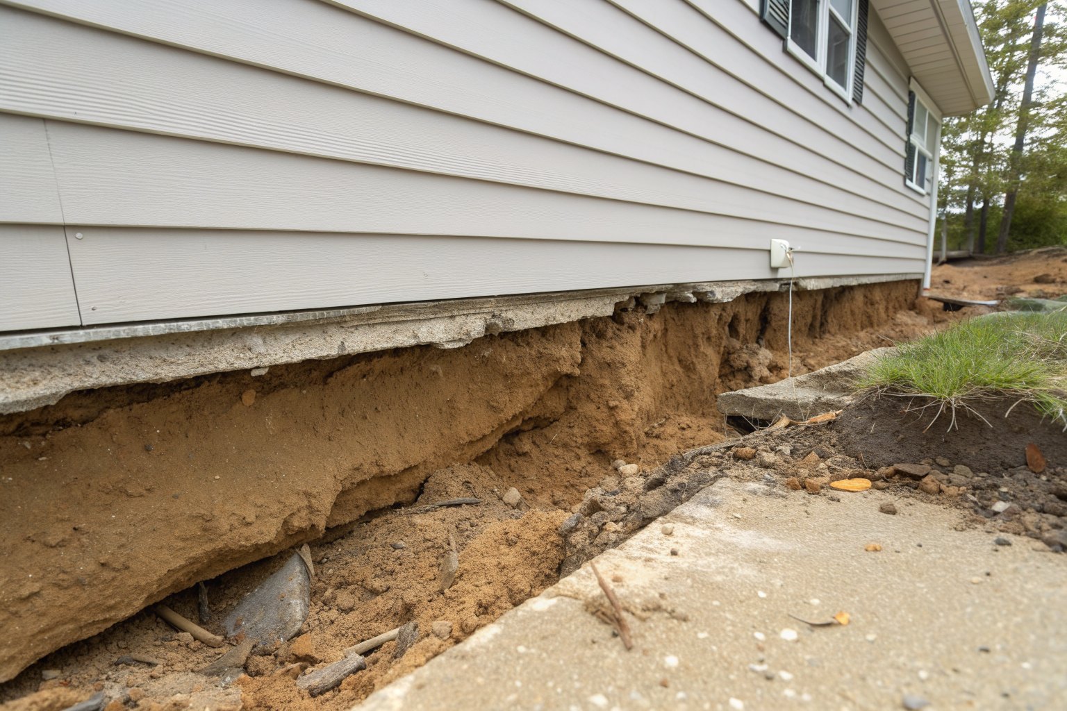 Sandy soil washed out from under the edge of a concrete slab