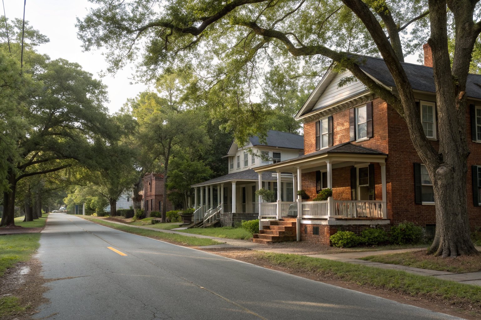 Older porch houses raised on brick piers along a shaded street
