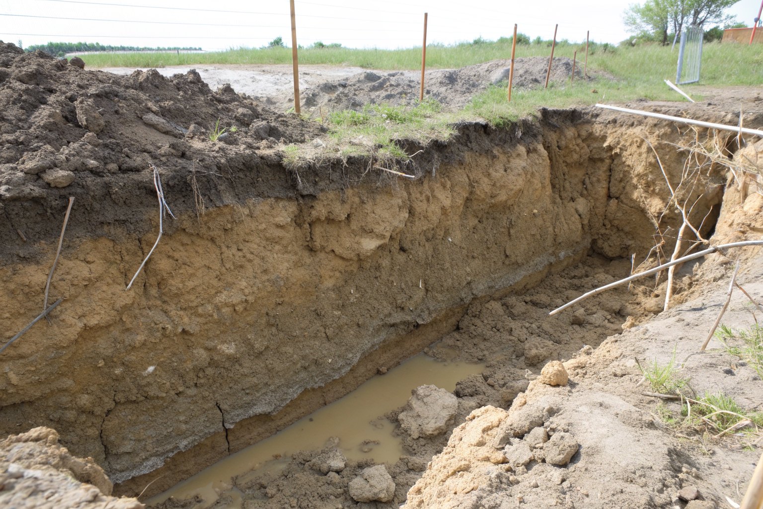 Pit wall showing sand over gray clay with water seeping in