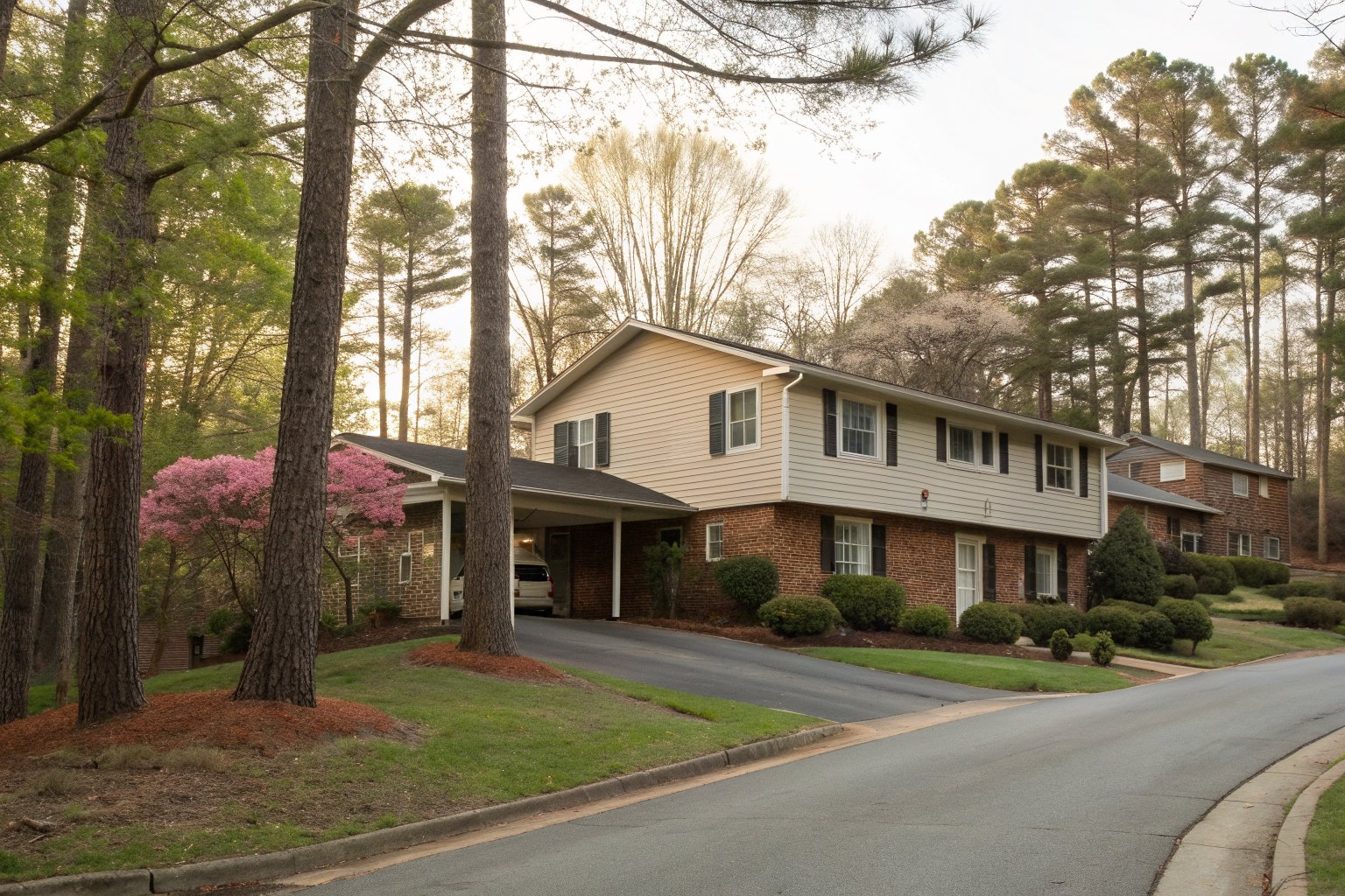 1970s split-level brick home with a carport among pines and azaleas