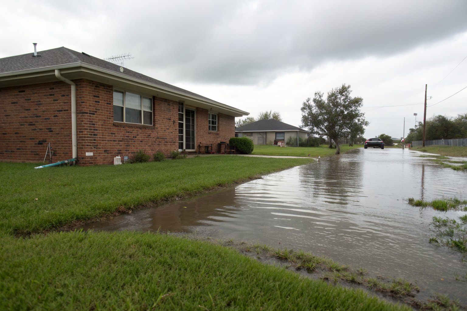 Rainwater pooled on a flat lawn against a brick foundation