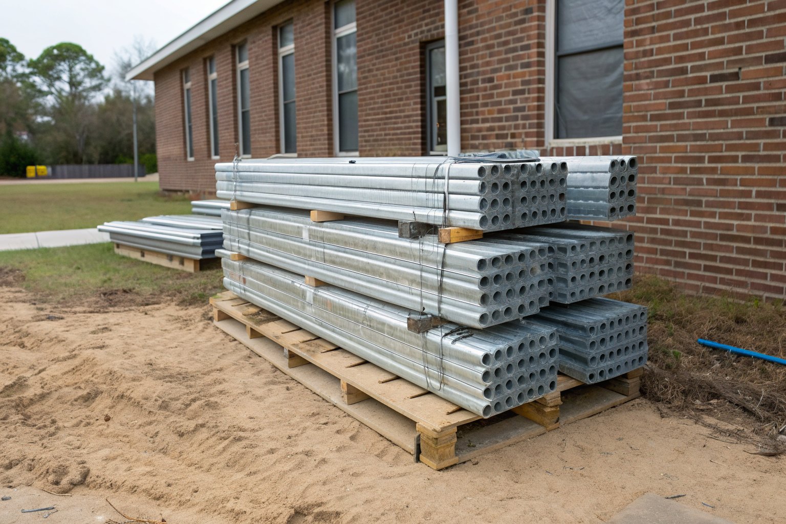 Steel pier tubes and brackets stacked on a pallet on sandy grass beside a brick house