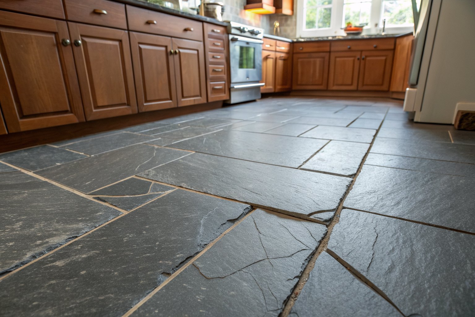 Cracked slate-look floor tiles in a kitchen with wood cabinets