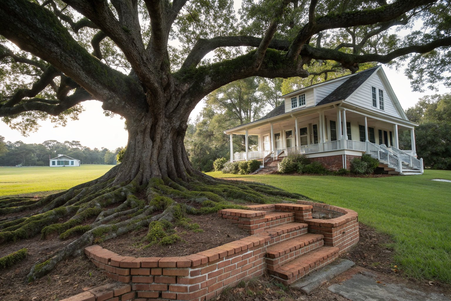 Big oak tree roots spreading toward the brick steps of a house